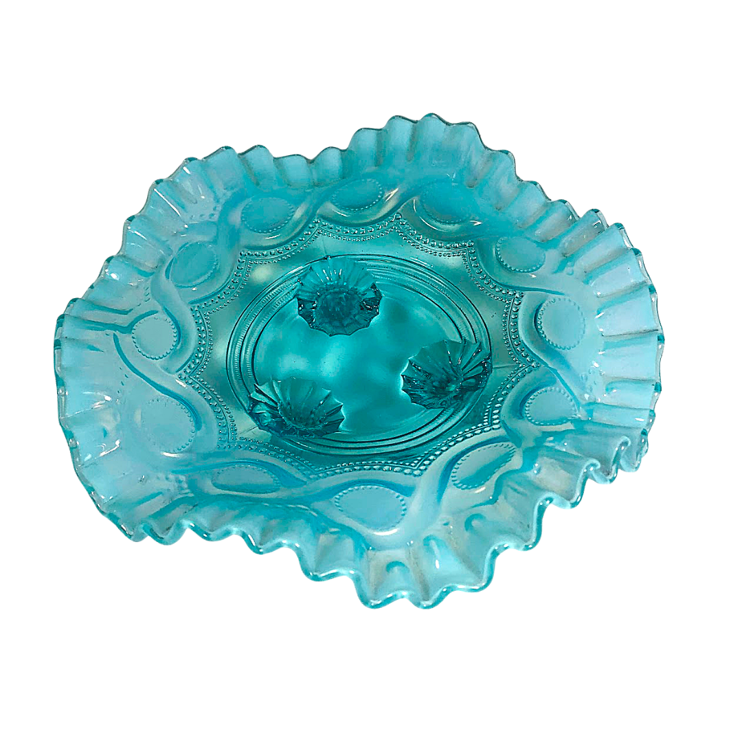 Northwood Beaded Cable Blue Opalescent Ruffled Three-Footed Dish