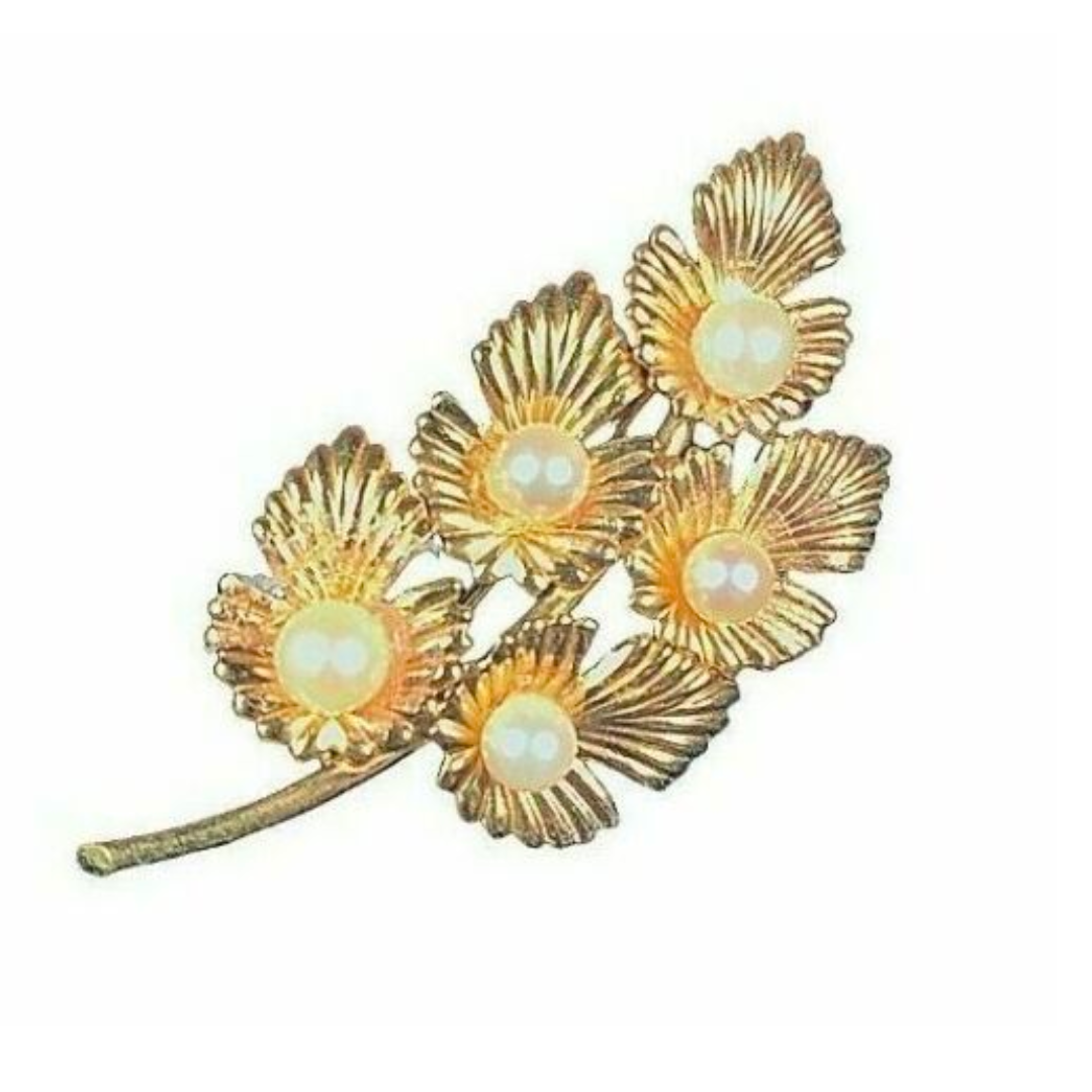 Vintage 12K Gold Filled Brooch Pin Leaf Simulated Pearls C.R. Co 1.75" long