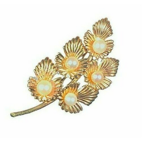 Vintage 12K Gold Filled Brooch Pin Leaf Simulated Pearls C.R. Co 1.75" long