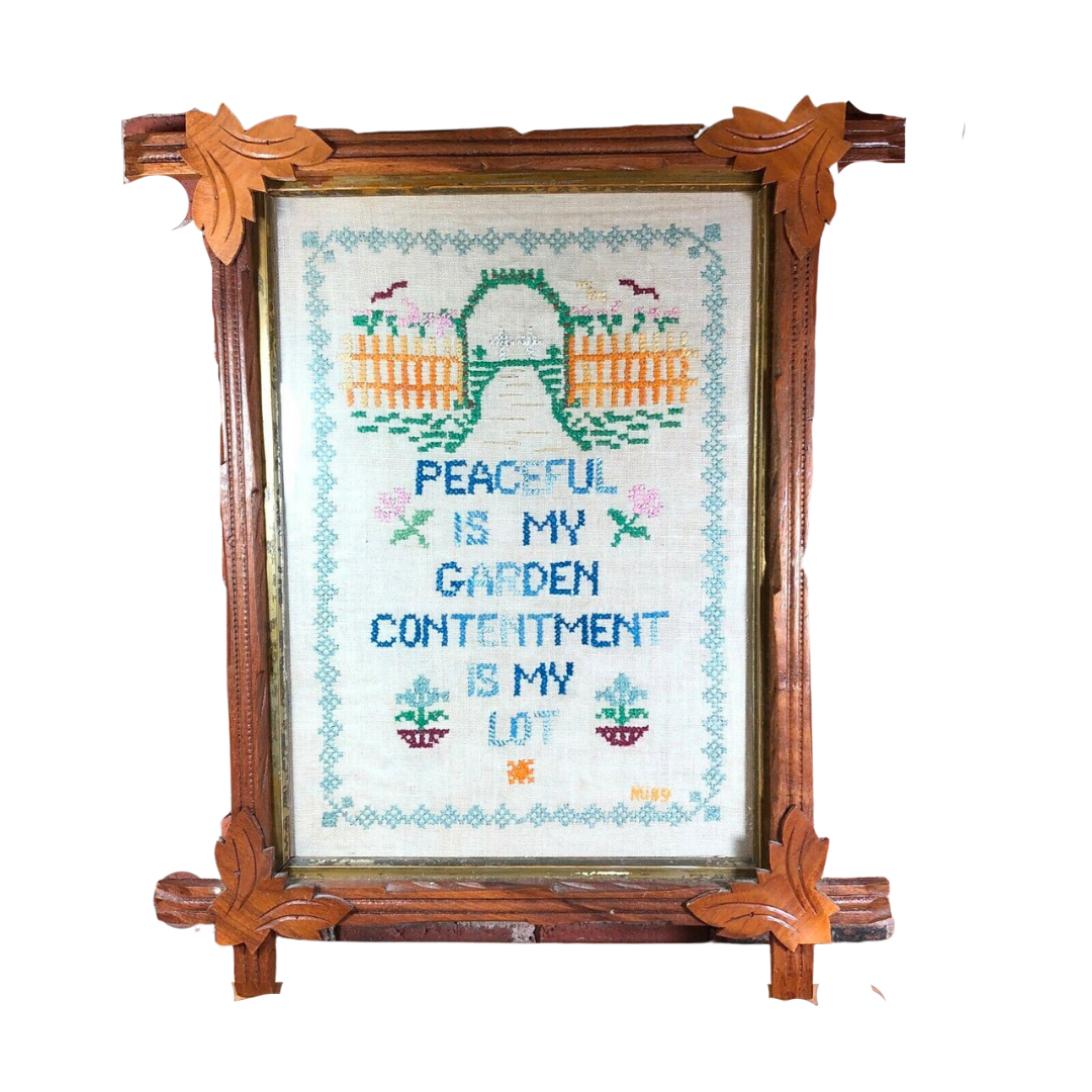 Vintage Cross Stitch on Linen in Wood Adirondack Frame Peaceful is my Garden