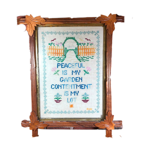 Vintage Cross Stitch on Linen in Wood Adirondack Frame Peaceful is my Garden