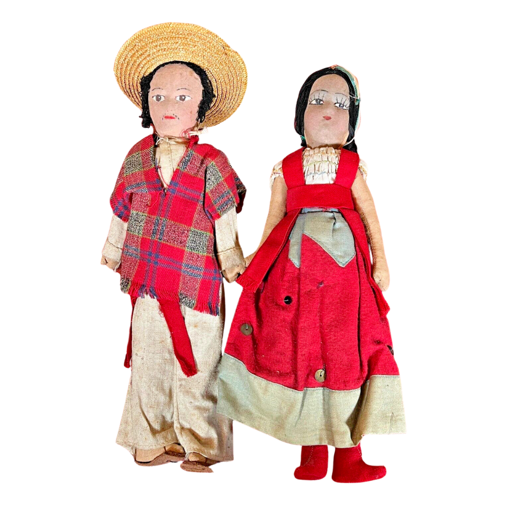 Two Handmade Mexican Folk Art Dolls Man and Woman 11" Tall w/ Straw Sombrero