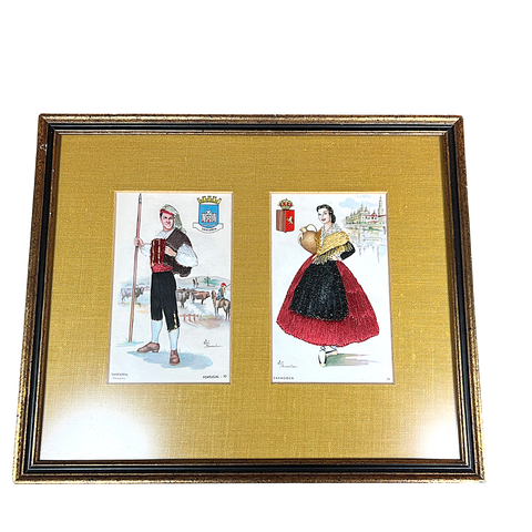 Two Framed Portugal Embroidered Postcards by Elsi Gumier