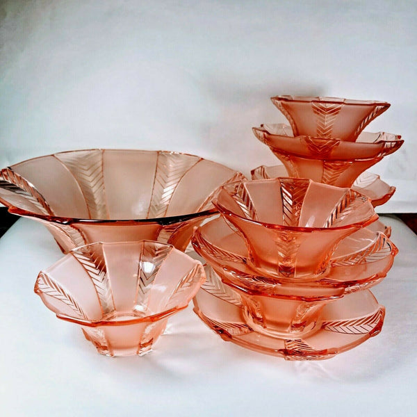 Walther and Sohne Athene Pink Glass Berry Bowl Set With Saucers Art Deco 12 pc
