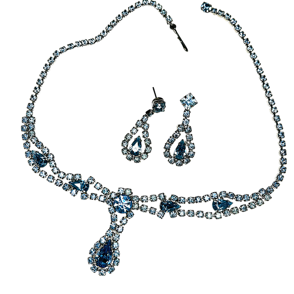 Vintage Rhinestone Pale Blue Crystal Choker with Matching Pierced Earrings