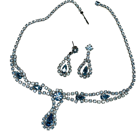 Vintage Rhinestone Pale Blue Crystal Choker with Matching Pierced Earrings