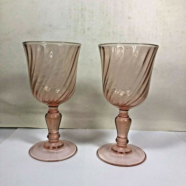 Two Pink Spiral Wine Glasses Rosaline Arcoroc France 5.5" Tall