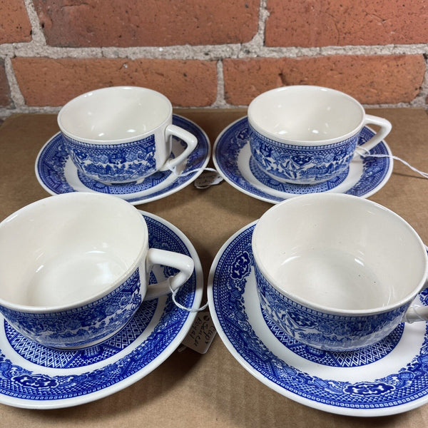 Set of 4 Blue Willow Teacups & Saucers Unmarked 3.75" x 2" Vintage