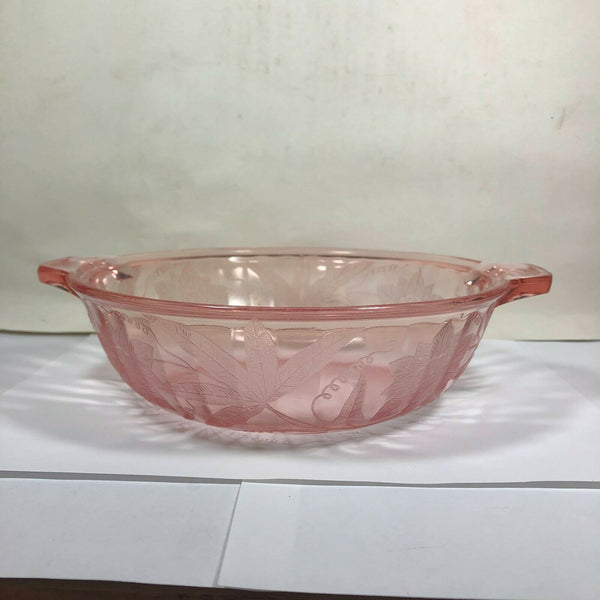 Jeannette Pink Poinsettia Pattern Glass 2 Handled Vegetable Serving Bowl No Lid
