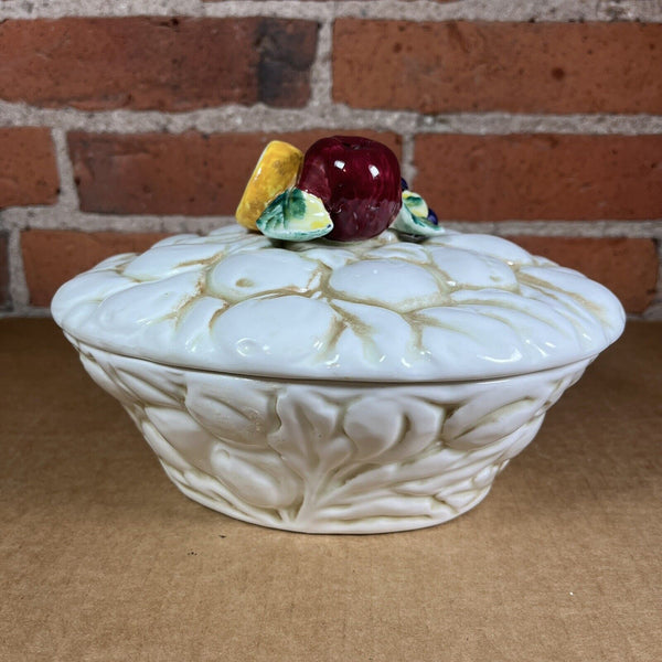 Vintage Enesco Ceramic Lidded Candy Trinket Dish Fruit Bowl White 8" x 6.5" x 5"