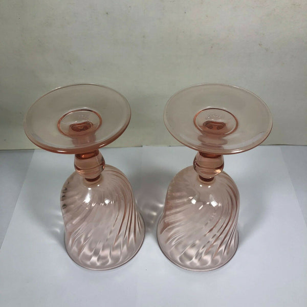 Two Pink Spiral Wine Glasses Rosaline Arcoroc France 5.5" Tall