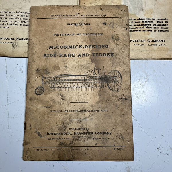 3 McCormick-Deering Tractor Owners Manuals 1945/1927 Disk Harrow Fertilizer Rake