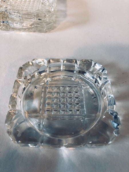 Vintage Ashtray Set Pressed Glass 7 Piece w/ Metal Rack Clear Uncolored 3.5”