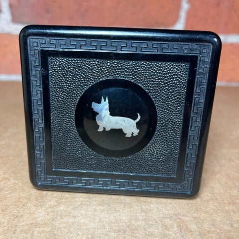 Black Bakelite Trinket Box w/ Mother of Pearl Inlay Scottie Dog Scottish Terrier