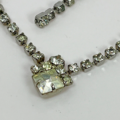 Vintage Rhinestone Crystal Necklace Art Deco Square Stone Hook Closure Prong Set