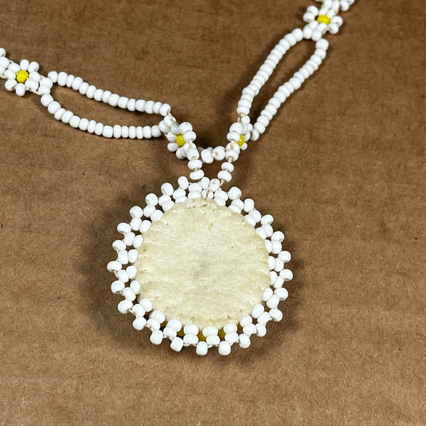 Handmade Vintage Beaded Necklace White & Yellow Felt Backing Snap Closure