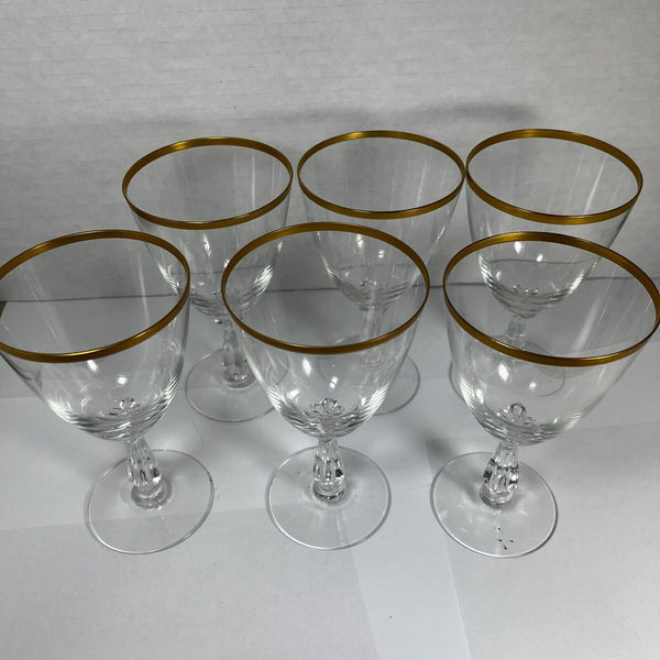 Set of 6 Wine Glasses Fostoria Anniversary Circa 1960 Clear w/ Gold Rim