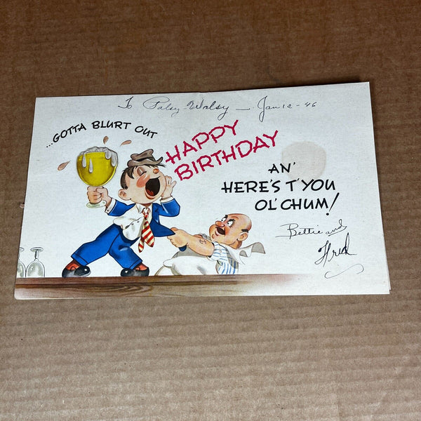 Vintage 1946 WWII Era Birthday Greeting Card Keep Mum Cartoon Drunk Signed