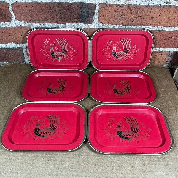 Set of 6 MCM Red Peacock Oval Metal Tin Trays Small 7" x 5" Midcentury Vintage
