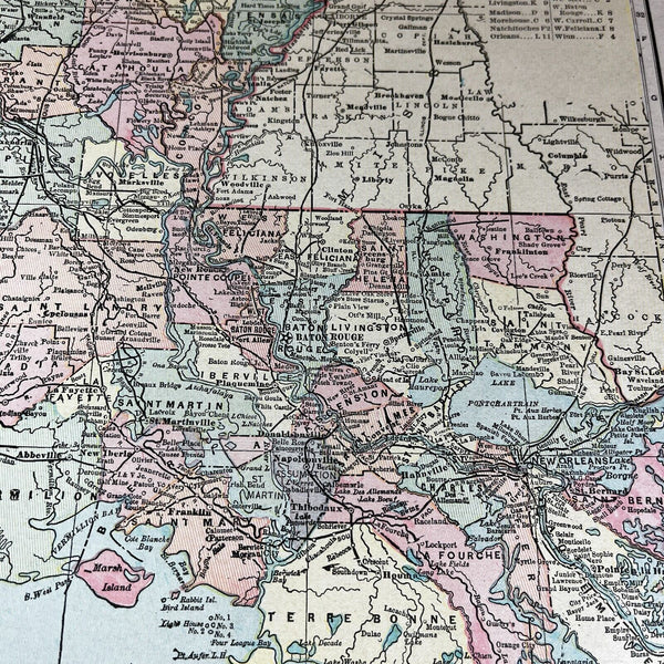 1899 Original Map of Louisiana / Mississippi from Cram's Atlas - 15" x 11"