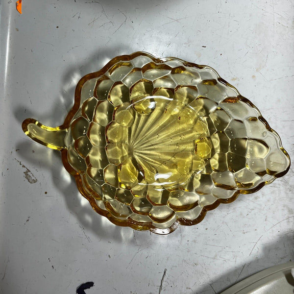2 Vintage 1950s Anchor Hocking Amber Glass Bubble Grape Sauce Dishes Leaf Shape