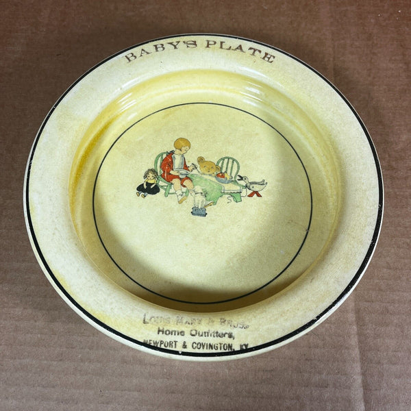 2 Vintage Baby Dishes Ceramic Nursery Flat Bottom Bowls with Advertising c. 1910