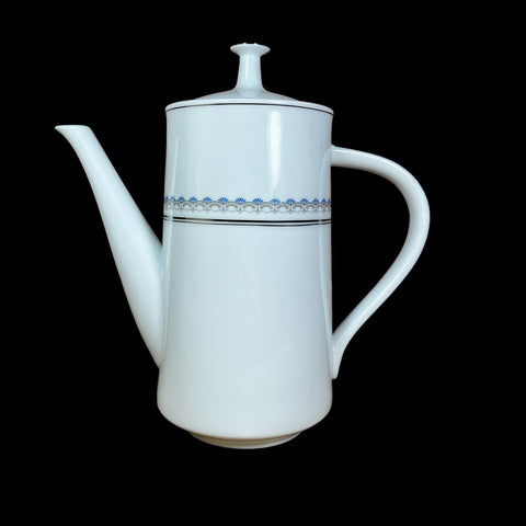Noritake Diadem Coffee Server Pot Vintage 1960s White Blue Gray Silver Trim HTF