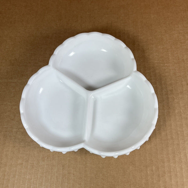 Fenton Hobnail Milk Glass 3-Part Divided Relish Dish Clover Shape