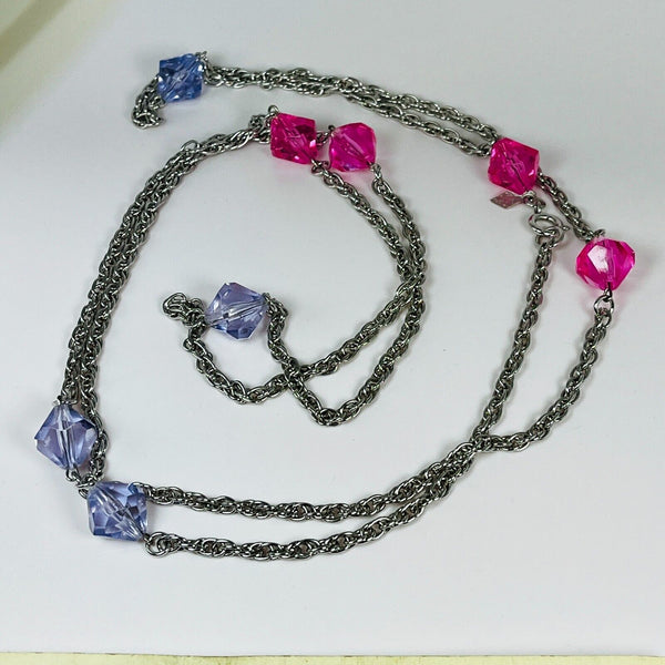 Sarah Coventry Necklace Pastel Glo Silver Tone w/ Pink and Purple Acrylic Beads