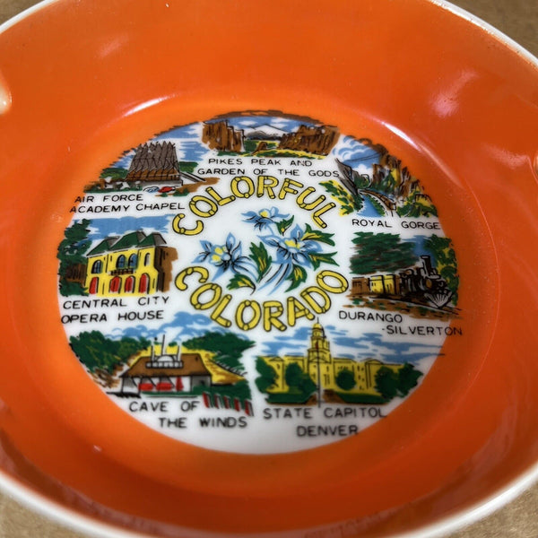 Colorado Vintage Souvenir Ceramic Ashtray White Outside / Orange Inside 4.25"