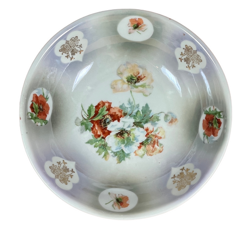 Vintage Porcelain Serving Bowl Stenciled Gray / Floral Made in Germany 9" Dia.