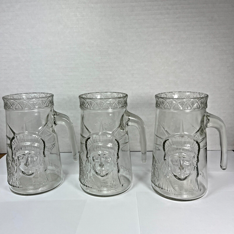 Set of 3 Statue of Liberty Glass Mugs Dated 1985 Centennial Anchor Glass Corp.