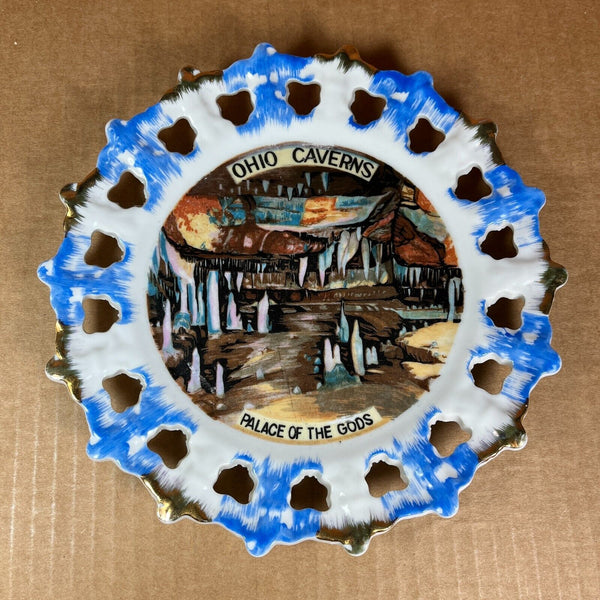 Ohio Caverns Vintage 8" Collector Plate Lace Edge Blue / White Full Color Print