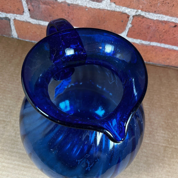 Cobalt Blue Glass Pitcher Hand Blown w/ Pontil Mark & Applied Handle Ball Shape
