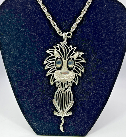 Vintage Alan Lion Pendant Articulated Eyes and Tail Silver Tone w/ Chain