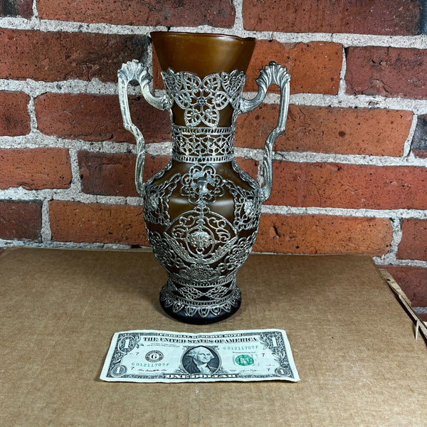 1900s Russian Amphora Vase Amber Frosted Glass w/Silver Plated Zinc Filigree 10"