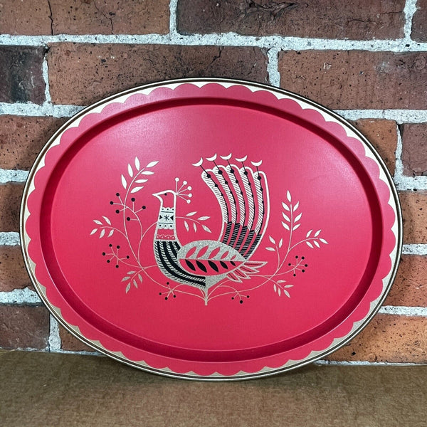 MCM Red Peacock Oval Metal Tin Serving Tray 14.5" x 11.5" Vintage Midcentury