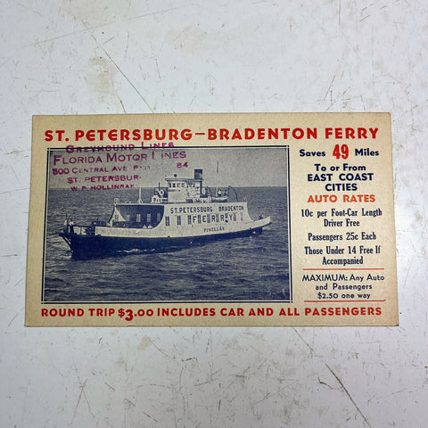 St. Petersburg-Bradenton Ferry Winter Schedule Card Vintage 1950s