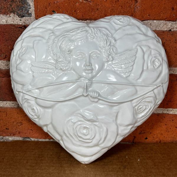 White Ceramic Cupid Heart Shaped Trinket Box w/ Lid Made in Italy