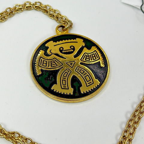 Vintage Colombian Aztec Gambling Lucky Charm Pendant Gold Tone with 24" Chain