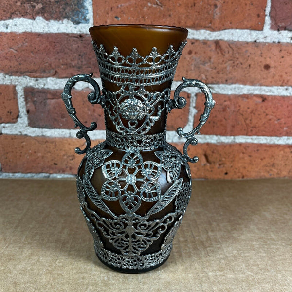 1900s Russian Amphora Vase Amber Frosted Glass w/ Silver Plated Zinc Filigree 8"