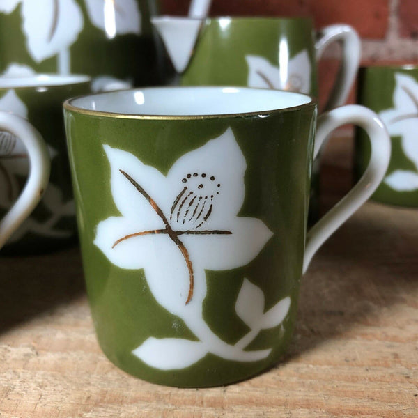 Ucagco Japan Vintage Porcelain Demitasse Set Green Poppy Flower Pattern 8 Pieces