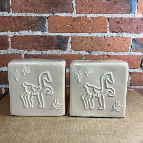 Ceramic Bookends Horse Motif Beige Glossy Square Shape 5.25" Tall x 5" L x 2" W