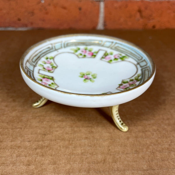 Nippon Hand Painted Small 3-Footed Porcelain Bowl White Pink Flowers Gold Trim