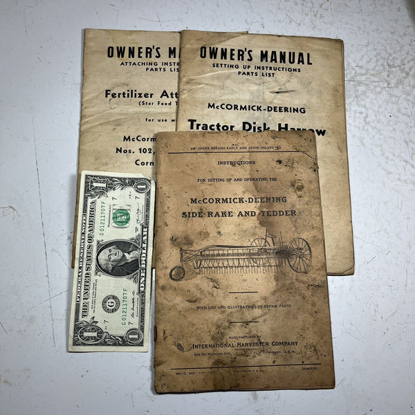 3 McCormick-Deering Tractor Owners Manuals 1945/1927 Disk Harrow Fertilizer Rake
