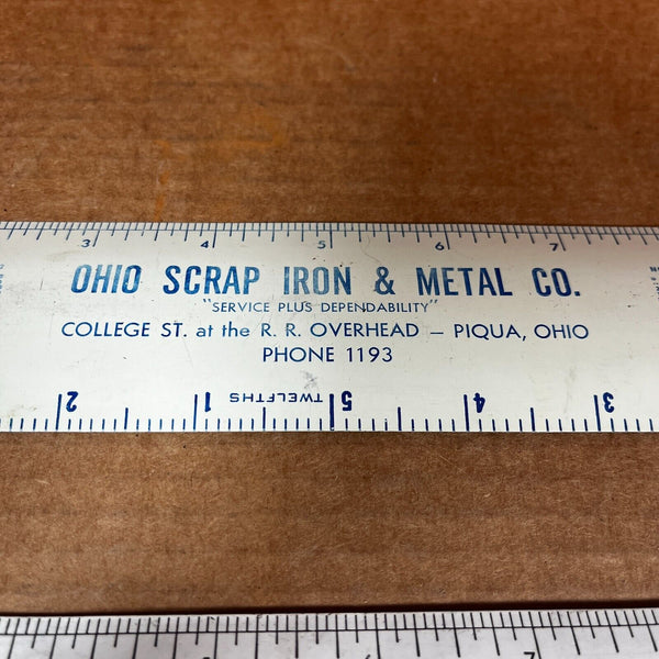 Two Vintage 1952 Metal Advertising Rulers Piqua Ohio Yieldmor Feeds / Scrap Iron