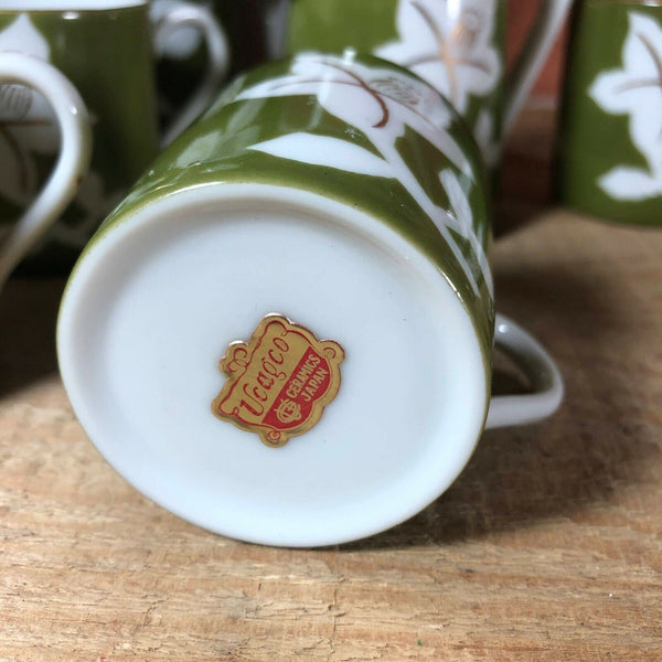 Ucagco Japan Vintage Porcelain Demitasse Set Green Poppy Flower Pattern 8 Pieces