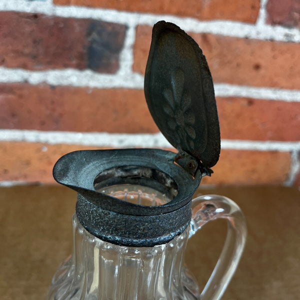 Antique Flint Glass Syrup Pitcher c. 1900 Metal Lid Pontil Mark Applied Handle