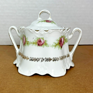 ZS & Co. Bavaria Sugar Bowl White / Pink Roses / Gold Trim c. 1900