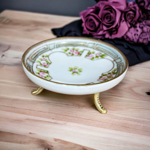 Nippon Hand Painted Small 3-Footed Porcelain Bowl White Pink Flowers Gold Trim